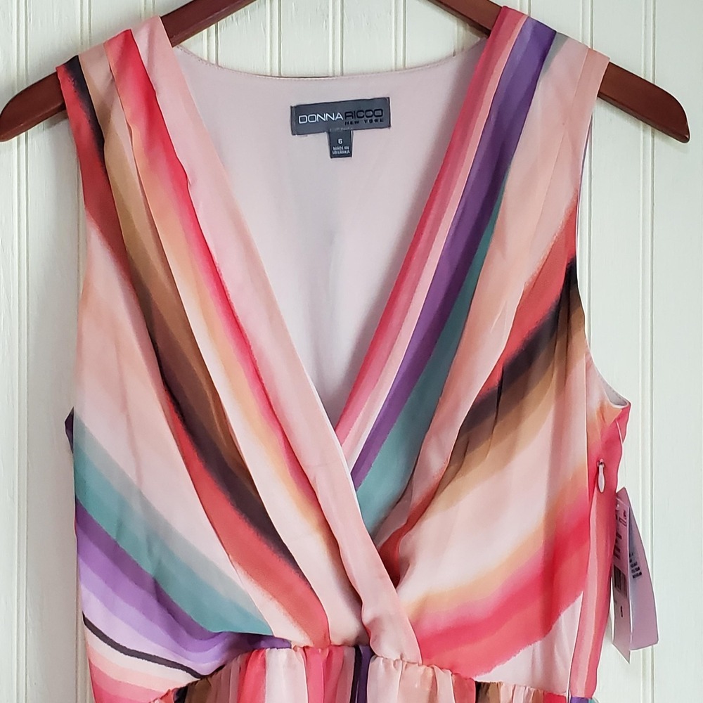 Donna Ricco Dress Womens 6 Multicolor Stripe Sleeveless V Neck Maxi Sundress